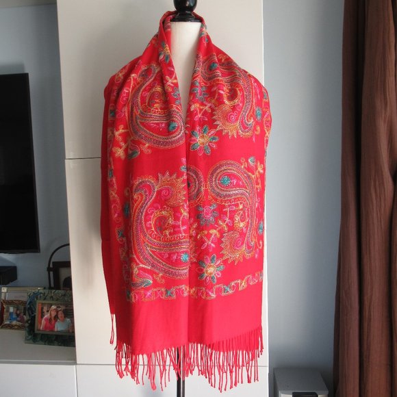 New Embroidered Pashmina Cashmere Wool Shawl Stole Wrap Scarf Throw 67x27" Red - Picture 5 of 13